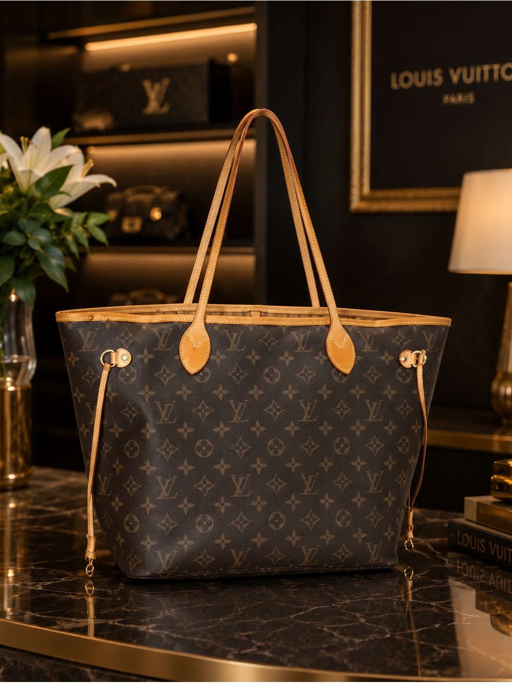Louis Vuitton Monogram Tote with Tan Leather Trim